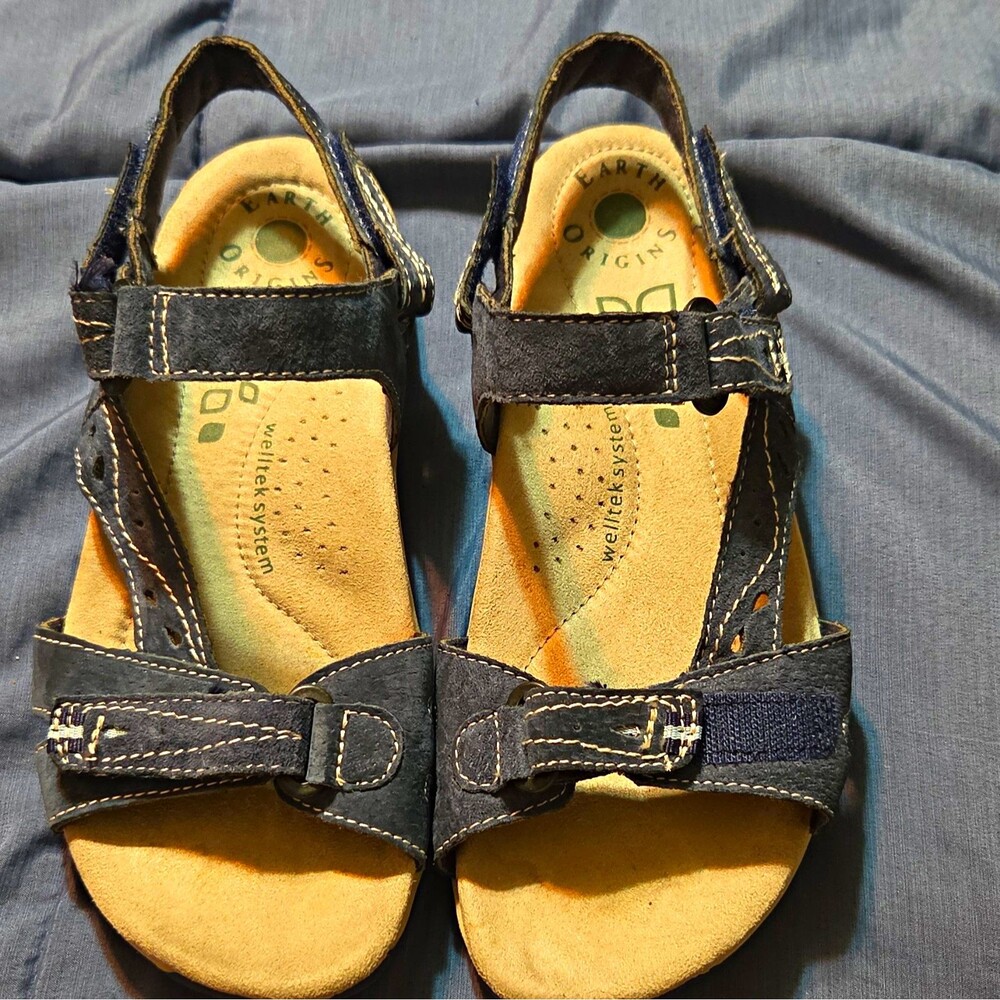 Earth Origins Women's Leather Strappy Sandals Hook & Loop Adjustable Blue 8.5